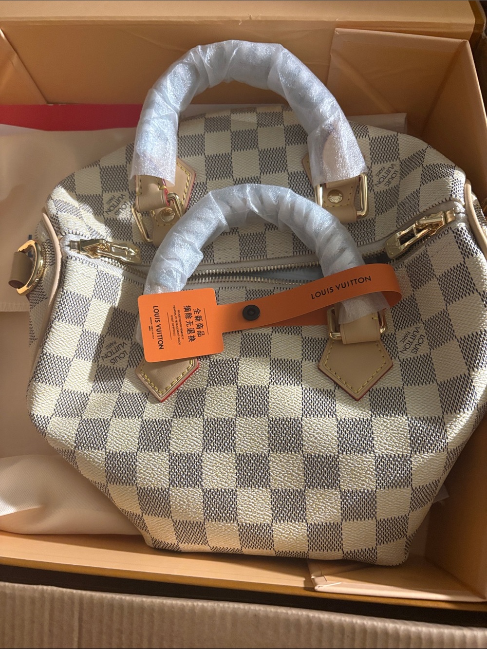 LV Damier Azur Mini Speedy Satchel in Beige